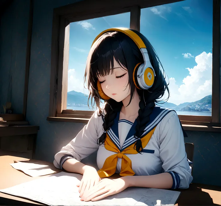 1 femaleHigh school student,Long Braid Hair,Hair color black,Dazzling sunshine,Sailor Suit, Sitting at a desk，Wearing headphones，Sitting at a desk用笔记本, Blue sky and white clouds outside the window，There is also a sleeping cat on the table ,quality(8K,Extre...