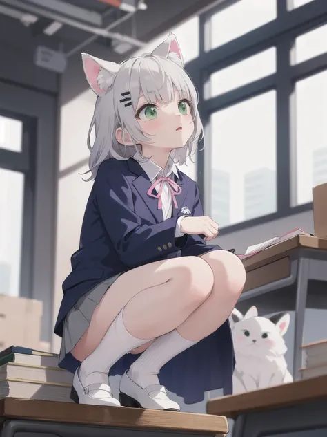 highest quality,masterpiece,green eyes, grey hair, hair ornaments, animal ears, flat chest,uniform,navy blue blazer,white shirt,...