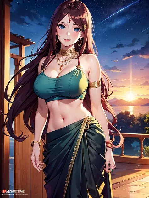 (absurderes, A high resolution, Ultra detailed, hdr), Masterpiece, Best quality, Portrait of an Indian uzumaki_kushina, extreme realistic very beautiful, animated style, closeup shot, anime in a((())) indian dress (((saree))), long black wavy hair untied, ...