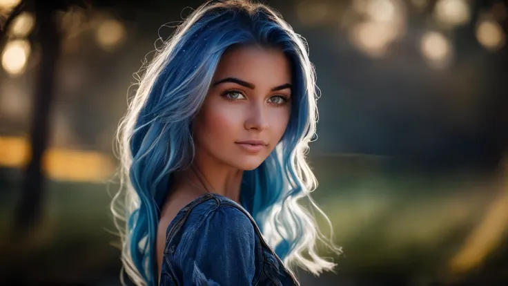 a photorealistic beautiful 25-year-old girl looks like a hollywood star with long blue-white hair behind her nebula is blue gray...