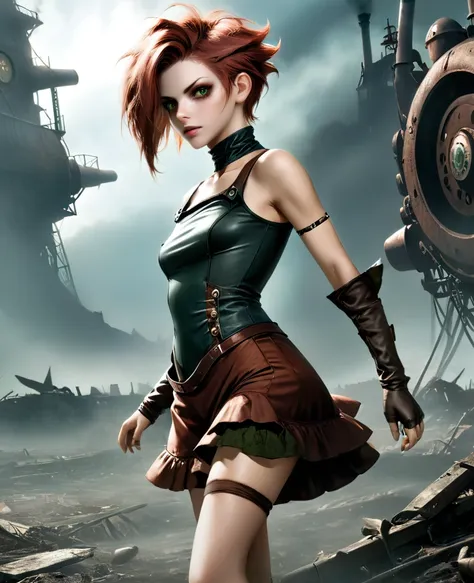 (((high resolution))), (((extremely detailed))), ((masterpiece)), dramatic shadows, depth of field, analog photo style, (world in which are collide steampunk and postapocalyptic vibes), postapocalyptic cute female in steampunk torn dirty clothes, looks lik...