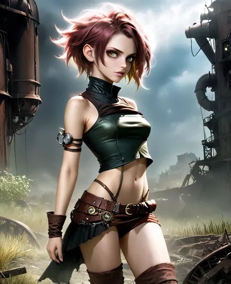 (((high resolution))), (((extremely detailed))), ((masterpiece)), dramatic shadows, depth of field, analog photo style, (world in which are collide steampunk and postapocalyptic vibes), postapocalyptic cute female in steampunk torn dirty clothes, looks lik...