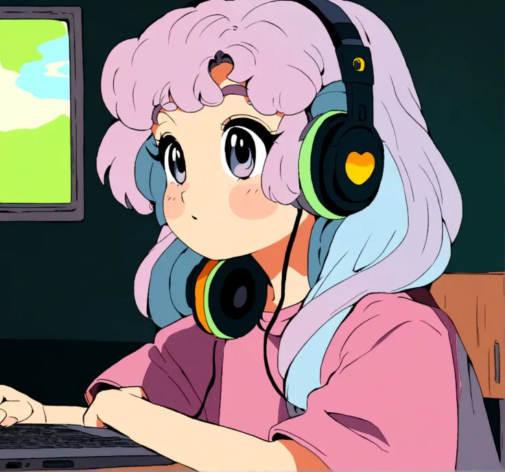 anime girl sitting at a desk with headphones on and a laptop, lofi girl, lofi artstyle, lofi art, lofi girl aesthetic, lofi, lofi feel, lofi portrait, lofi hip hop, lofi colors, in style of atey ghailan, satoshi kon artstyle, style in ghibli anime style, l...