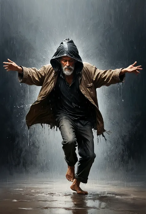 Soul Dancer Mark,A homeless man dancing alone in the rain，Raise your hands，Barefoot，Loose and worn clothes，Professional Action，Very contagious，Splash，Light and Shadow，Minimalism，artistic conception，Clean background