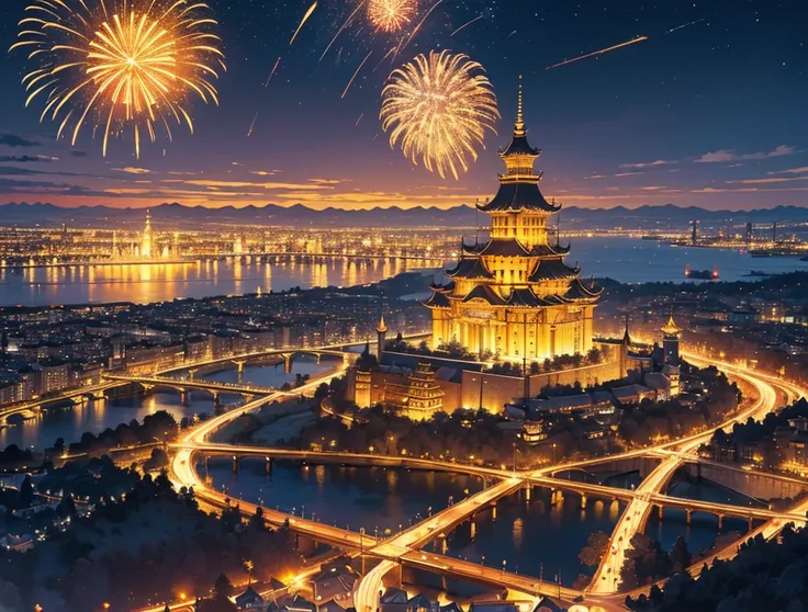 golden city, night, downtown, chinese big castle, HDR, 4k resolution, golden moon, golden cloud, firework, big river, mystical artwork, traditional artistry