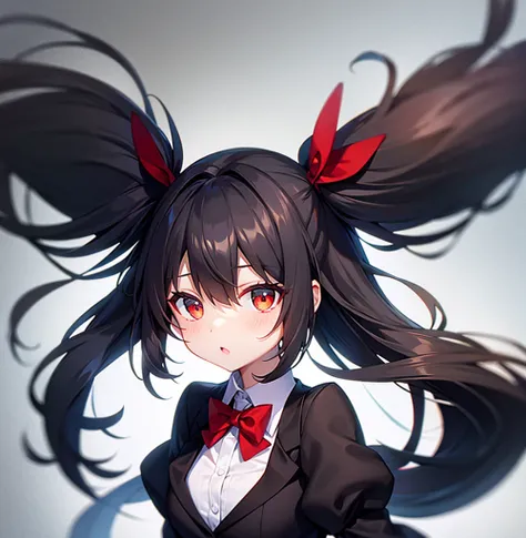 (Bunny girl),Red bow tie,Cute little ,Tiny ,Small girl,,Childish face, Very fine clean face,Top quality,Black Hair,(Dark Room), Subtle light, Natural light,Soft lighting,Light from directly behind, (Are standing),With bust up,Front view,Black background