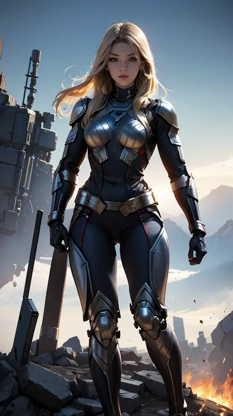 mighty thor、woman、22 years old、woman体型、large breasts、blonde、mechanical suit