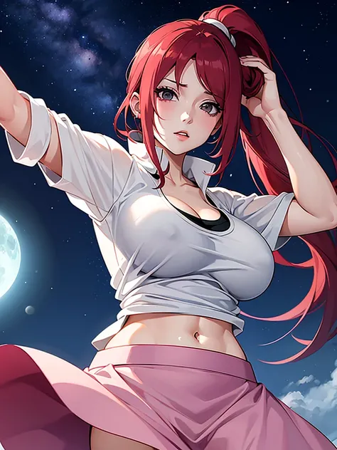 Uzumaki_kushina, big breast, wearing a jacket and white t-shirt and skirt, standing straight,face on camera, night sky,navel, cleavage ,skirt lift by hand ,ponytail,long hair,hand up,hand back