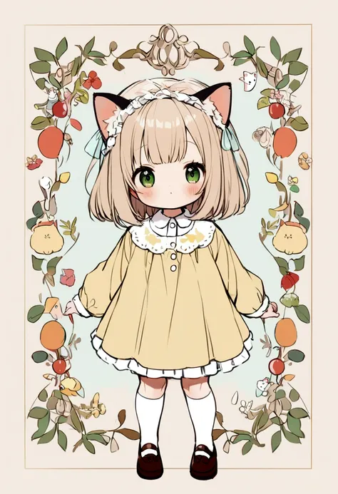 cute、、Short Bob、Kindergarten clothes、Cat ear、Hair color is beige