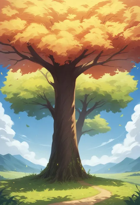 Create an image of a beautiful tree; in anime style, in the background of a blue sky with white clouds, the tree should be thick and have many branches, with green leaves and flowers, the tree should be in a natural position, not tilted, the sky should be ...