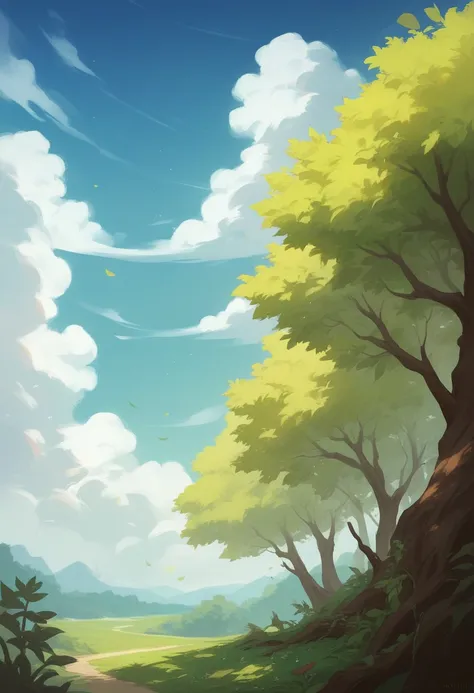 Create an image of a beautiful tree; in anime style, in the background of a blue sky with white clouds, the tree should be thick and have many branches, with green leaves and flowers, the tree should be in a natural position, not tilted, the sky should be ...