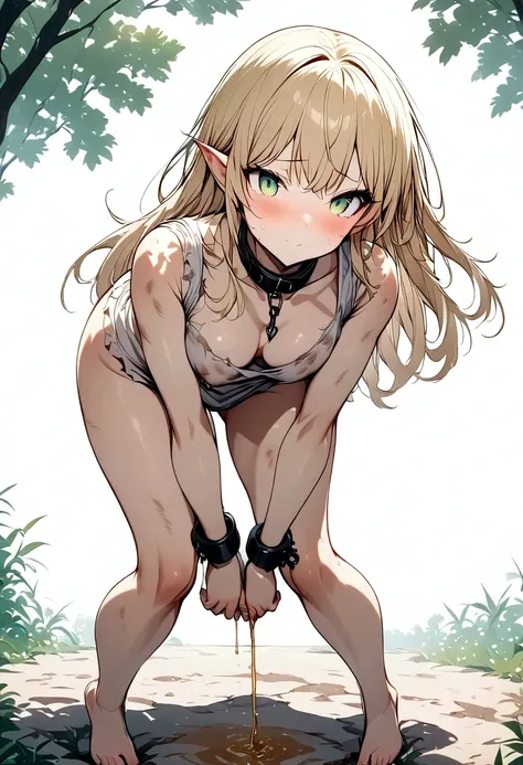 Anime. 1 girl. Elf. . Slave. Blonde. Long hair. Green eyes. Beautiful eyes. Slave collar Shackles. Dirty tunic. Torn tunic. Dirty panties. Torn panties. Urinary incontinence. I need to pee. I really desperately want to pee. She pees under herself. She pees...