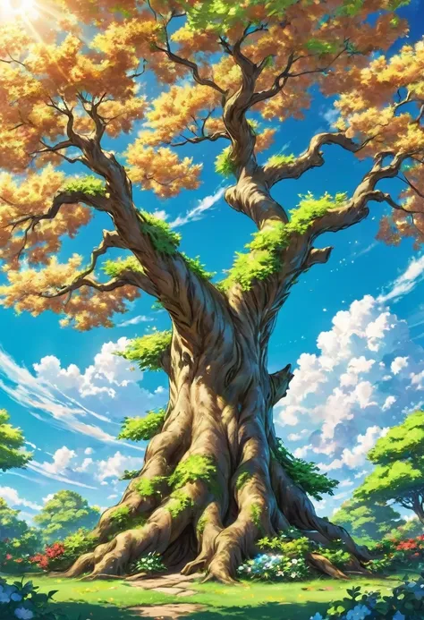 Create an image of a beautiful tree; in anime style, in the background of a blue sky with white clouds, the tree should be thick and have many branches, with green leaves and flowers, the tree should be in a natural position, not tilted, the sky should be ...