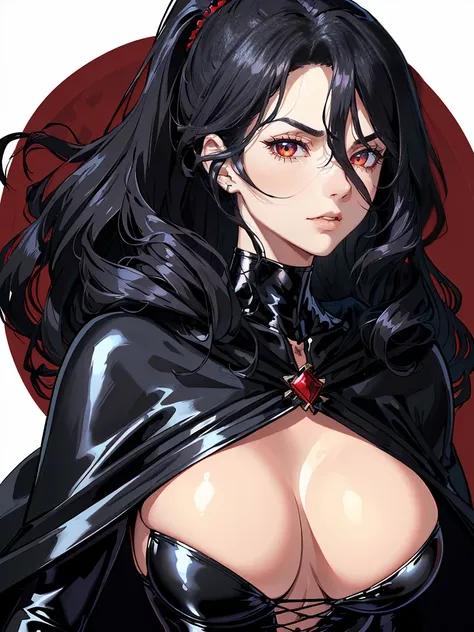 handsome older WOMAN，crimson-eyes，crimson pupils，Long black hair，Hyperresolution，accuracy，Detailed rendering，（Subtle facial image）（Image of fine hair）（topquality）（Masterpieces of masters）（High degree of completeness）（A sense of atmosphere）tmasterpiece，Supe...