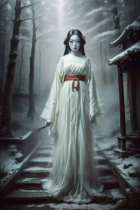 create a highly realistic and eerie depiction of the yuki-onna (snow woman), a popular and terrifying yokai from japanese folklo...