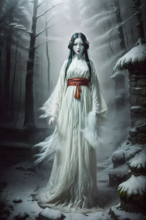 Create a highly realistic and eerie depiction of the Yuki-onna (Snow Woman), a popular and terrifying yokai from Japanese folklore. The Yuki-onna should appear as a beautiful yet ghostly woman with pale, almost translucent skin and long, flowing black hair...