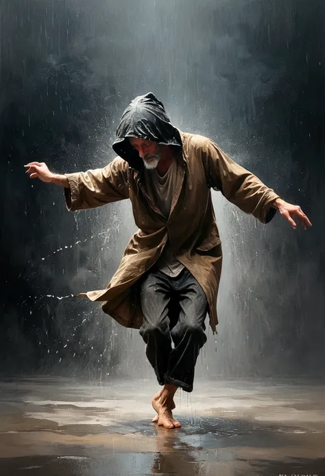 Soul Dancer Mark,A homeless man dancing alone in the rain，Barefoot，Loose and worn clothes，Professional ballet movements，Very contagious，Splash，Light and Shadow，Minimalism，artistic conception，Clean background