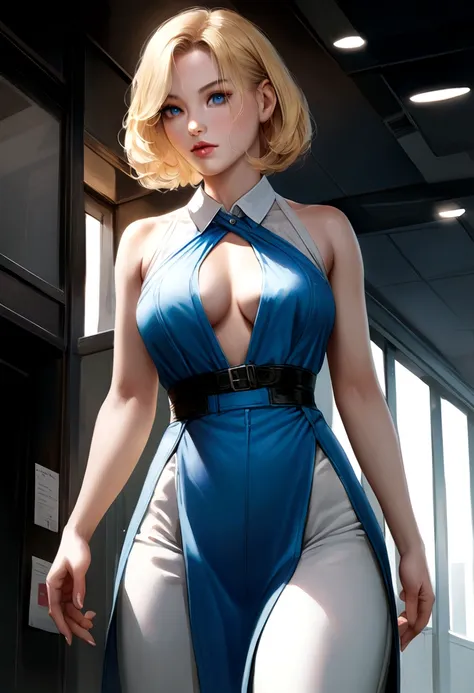 wife, realistic character，blonde hair styled in wavy bob, blue eye,  tits, alone, modern, 19 ans, tenue de remise en forme