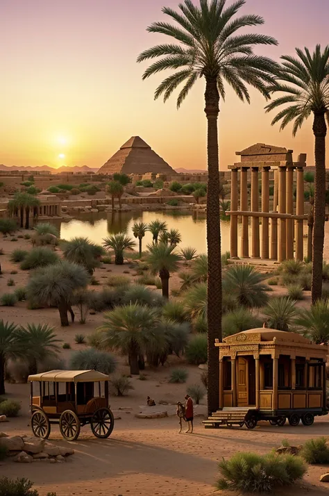 A picturesque picture of an oasis in the desert, during sunset, with a large Egyptian temple and a passing caravan in the background in 1870.
