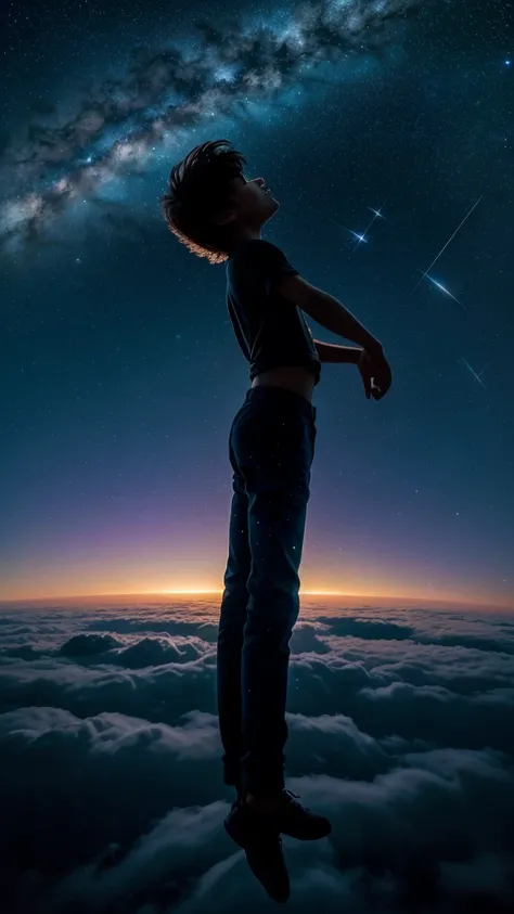 Perched upon a wispy cloud, a young boy gazes in awe at the breathtaking expanse above. The night sky comes alive with a sea of stars, twinkling like diamonds scattered across a velvet canvas. Cosmic phenomenons swirl and dance, painting streaks of vibrant...