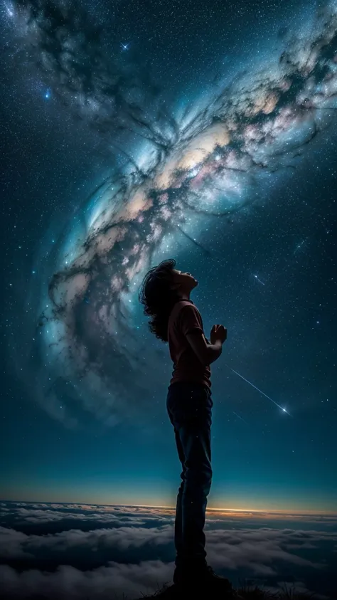 Perched upon a wispy cloud, a young boy gazes in awe at the breathtaking expanse above. The night sky comes alive with a sea of stars, twinkling like diamonds scattered across a velvet canvas. Cosmic phenomenons swirl and dance, painting streaks of vibrant...