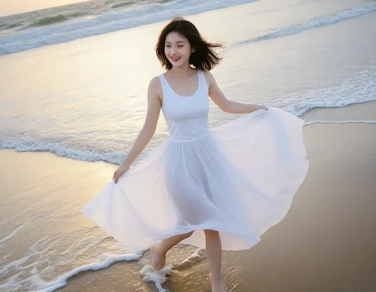 sunset on the beach，바다에 잔광이 비치네sunset on the beach 붉은 태양，A strong lingering scent is reflected in the sea., Beautiful 46-year-old short Korean woman, Chest size 34 inches, Wear sleeveless, white light skirt. beautiful pretty woman look , wearing a light sk...