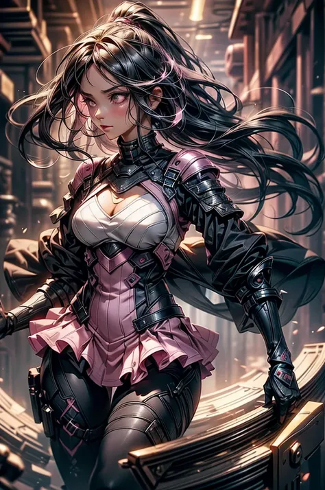 Dark-haired Scandinavian girl wearing half-plate armor and a frilly skirt over a skin-tight black bodysuit, (Pink long hair:1.4), Red eyes,Attractive breasts、High resolution (High Dynamic Range), Ray Tracing, NVIDIA, Super Resolution, Scattered under the s...