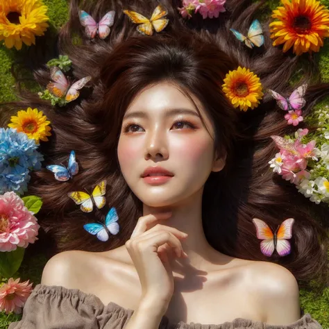 A beautiful Indonesian girl with Korean features is lying down with her eyes open, gazing at the sky, in the middle of a flower garden. Bright flowers surround her. Her hair is styled messily, and there are several butterflies fluttering around her. The at...