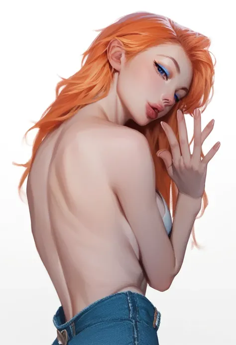 fuzzy, traditional art, Liu2, brush texture, check_9, check_8_up, check_7_up, 1 girl, orange hair, up to the shoulder blades, straight hair, long hair, Blue eyes, Plump lips, Long eyelashes, half-closed eyes, adult, beautiful make-up, big breasts, blue eye...