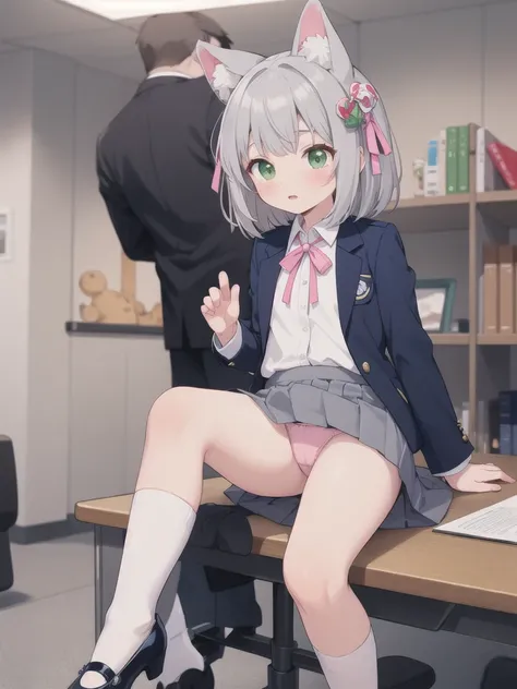 Highest quality,masterpiece,Green Eyes, Grey Hair, hair ornaments, Animal ears, Flat Chest,uniform,Navy Blue Blazer,White shirt,Pink ribbon,Grey Skirt,Pink Panties,White long socks,Black low heels,sitting on desk,1 Boy,1. Lift up a girl&#39;s skirt