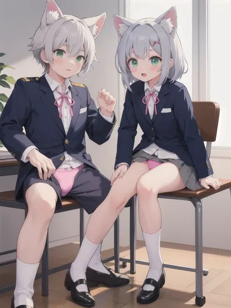 Highest quality,masterpiece,Green Eyes, Grey Hair, hair ornaments, Animal ears, Flat Chest,uniform,Navy Blue Blazer,White shirt,Pink ribbon,Grey Skirt,Pink Panties,White long socks,Black low heels,sitting on desk,1 Boy,1. Lift up a girl&#39;s skirt