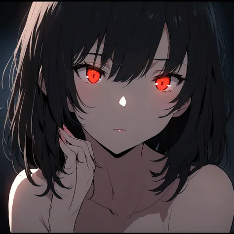 Anime girl in a dark room, black hair. red glowing eyes, Ideal girl, mild nudity, Beautiful girl, Focus on the face