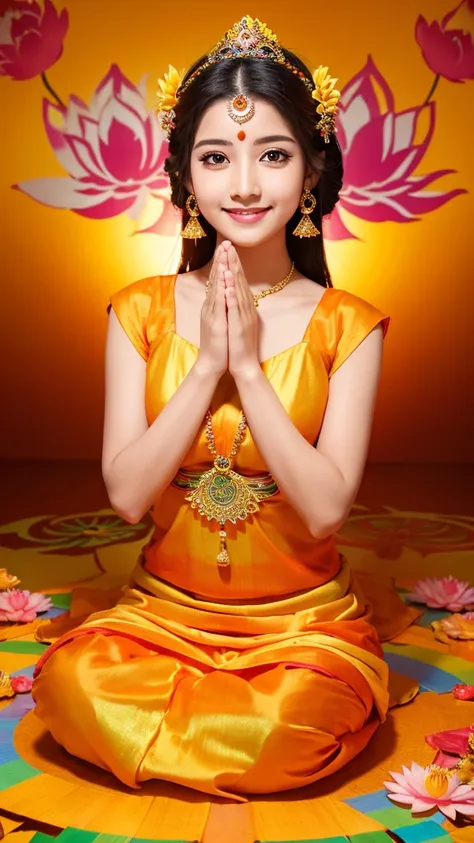 Indian goddess, rainbow dress, orange and yellow background, lotus flower, mysterious, calm expression, smile, sparkling eyes, fair skin, Kansai beauty style, whole body reflected, hands in prayer