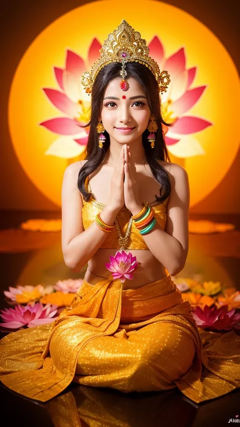 Indian goddess, rainbow dress, orange and yellow background, lotus flower, mysterious, calm expression, smile, sparkling eyes, fair skin, Kansai beauty style, whole body reflected, hands in prayer