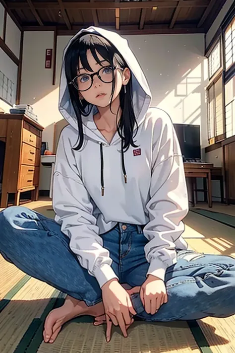 There is a woman sitting cross-legged on the floor...., Wearing glasses, Wearing glasses on, Japanese Model, Wearing glassesいた, A surreal , Wearing square glasses, Without glasses, A real young gravure idol, Geeky look, Wearing glassesいる, Young and sexy gr...