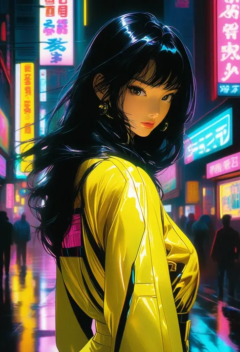 realistic, Analog style, vhs style, 8mm film, chromatic aberration, Dvd screengrab, 80s movie, cinematic lighting, In a neon-lit cyberpunk space setting, a figure emerges clad in a sleek yellow jumpsuit, designed with a distinct art style reminiscent of Yo...