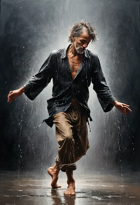 Soul Dancer Mark,A homeless man dancing alone in the rain，soul，Barefoot，Loose and worn clothes，Professional ballet movements，Very contagious，Splash，Light and Shadow，Minimalism，artistic conception，Clean background