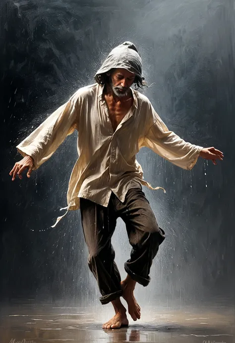 Soul Dancer Mark,A homeless man dancing alone in the rain，soul，Barefoot，Loose and worn clothes，Professional ballet movements，Very contagious，Splash，Light and Shadow，Minimalism，artistic conception，Clean background