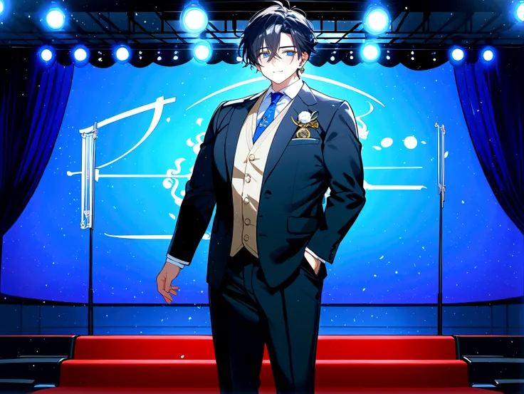 1boy, Anime figure in suit and tie standing in front of a stage, pretty anime pose, Big anime guy with blue eyes, Anime moe art style, in a strict suit, Hes wearing a suit, Young Anime Man, inspired by Okumura Masanobu, inspired by Okumura Togyu, Anime han...