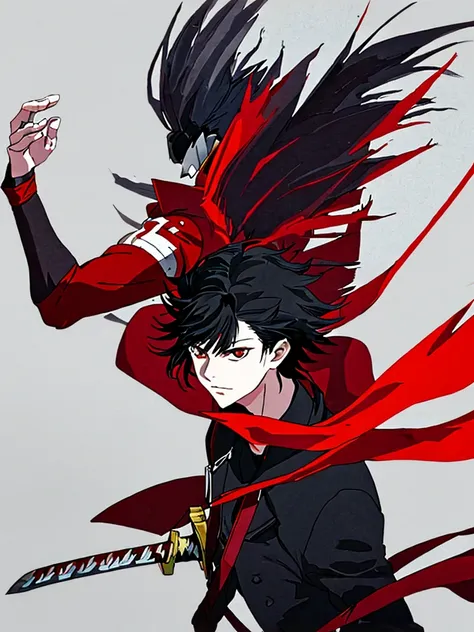 Black hair with red highlights, red eyes, 1guy, sword, soft smile, wave hair, forward hair