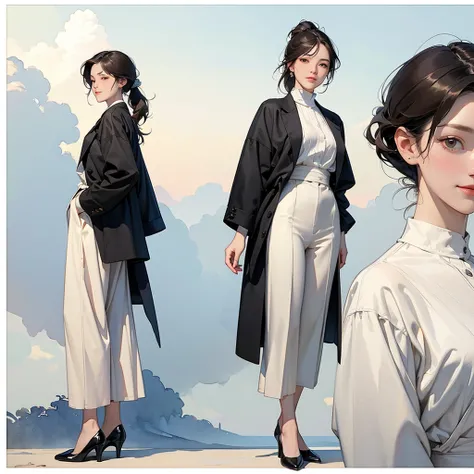 (1 Girl、alone、whole body、natural standing posture)、(Standing casually)、(whole body:1.4)、(whole bodyポートレート)、(whole bodyを見せる)、((Character Concept Art))、(Portraiture:1.2)、(Detailed facial depiction、A kind smile)、Short dark brown hair、High Ponytail、Black Blaze...