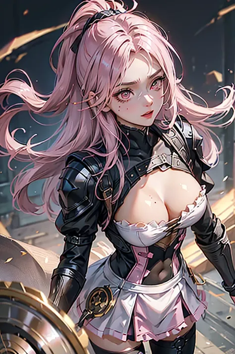 Dark-haired Scandinavian girl wearing half-plate armor and a frilly skirt over a skin-tight black bodysuit, (Pink long hair:1.4), Red eyes,Attractive breasts、High resolution (High Dynamic Range), Ray Tracing, NVIDIA, Super Resolution, Scattered under the s...