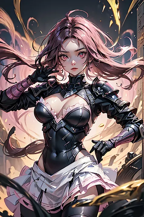 Dark-haired Scandinavian girl wearing half-plate armor and a frilly skirt over a skin-tight black bodysuit, (Pink long hair:1.4), Red eyes,Attractive breasts、High resolution (High Dynamic Range), Ray Tracing, NVIDIA, Super Resolution, Scattered under the s...