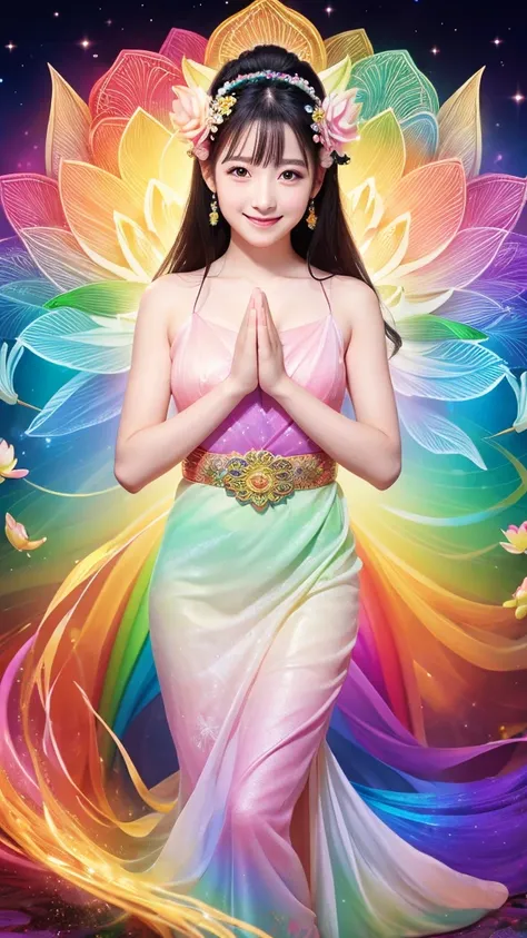   Goddess, rainbow dress, rainbow background, lotus flower, mysterious, gentle expression, smile, sparkling eyes, fair skin, Kansai beauty style, whole body visible, hands in prayer, long dress