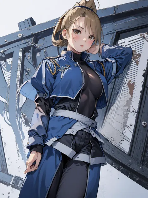 masterpiece, Highest quality, High resolution, One girl, (Blue jacketの下にBlack innerwearを着ている), Folded ponytail, Brown eyes, , uniform, Blue jacket, Blue pants, ,Big Breasts, Black innerwear, (
