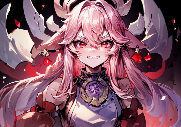 Girl 21 age, human race, no animal ears, human anatomy, proportional face , red eyes, white hair, beast teeth, dark room background , smile face, angry playful expression
bright red eyes that glow in the dark, abyss background 