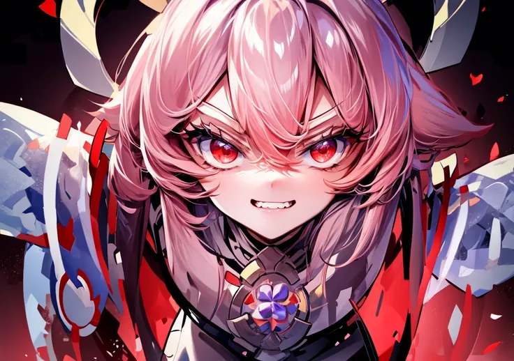 Girl 21 age, human race, no animal ears, human anatomy, proportional face , red eyes, white hair, beast teeth, dark room background , smile face, angry playful expression
bright red eyes that glow in the dark, abyss background 