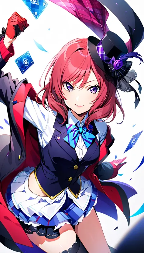 One girl, playing card depicting the whole body of Nishikino Maki, Otonokizaka, id_maki_nishikino, white background,