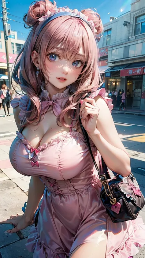 (Masterpiece, BestQuality:1.3), (ultra detailed:1.2), (hyperrealistic:1.3), (RAW photo:1.2), High detail RAW color photo, professional photograph, (Photorealistic:1.4), (realistic:1.4), (Pink Hair:1.5), professional lighting, perfect anatomy, (Big Breasts:...