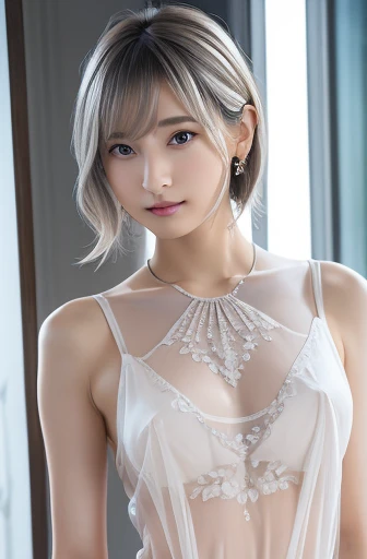 NSFW:1.2,(nude), ((Nipples)), (See-through:1.5), Silver lace thong bra,  (((Very elegant and beautiful, Perfect detail, Very detailed))), whole body, The most detailed girl, Written boundary depth, 美しく詳細なwhole body, Thin legs, 1 Girl, Age 25, Very short ha...